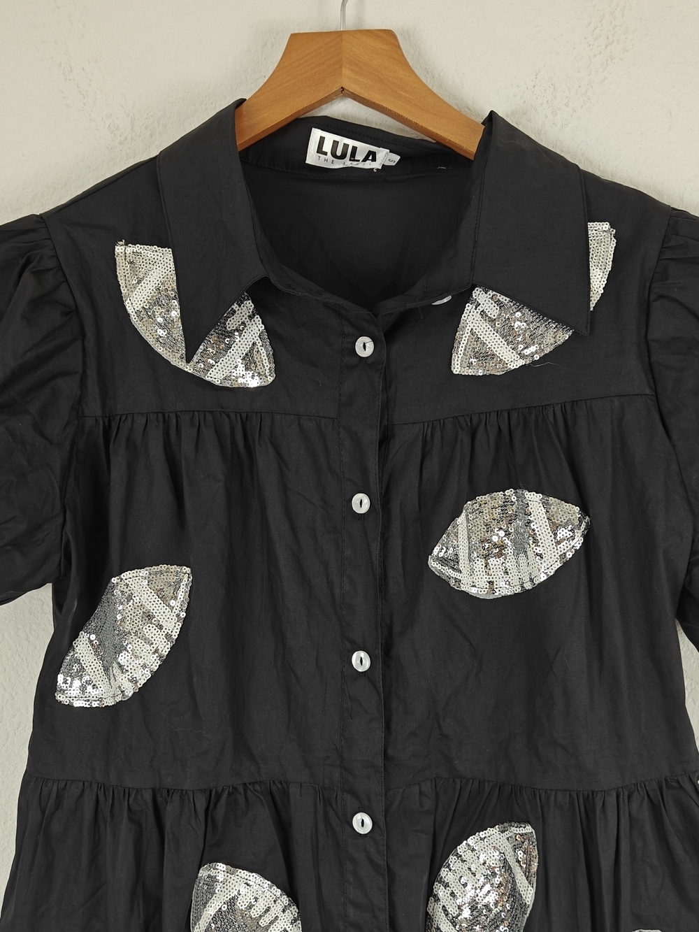 Lula the Label Black Sequin Football Shirt Dress Game Day Glam Puff Sleeve Mini - Picture 9 of 16